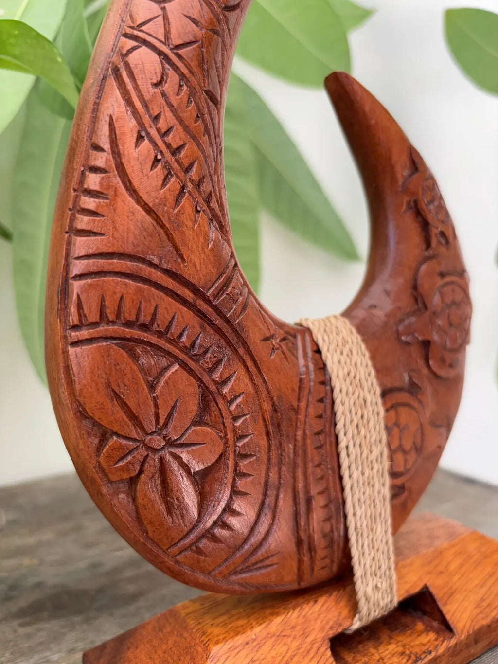 Tribal Engraved Wooden Fish Hook Stand - Brown