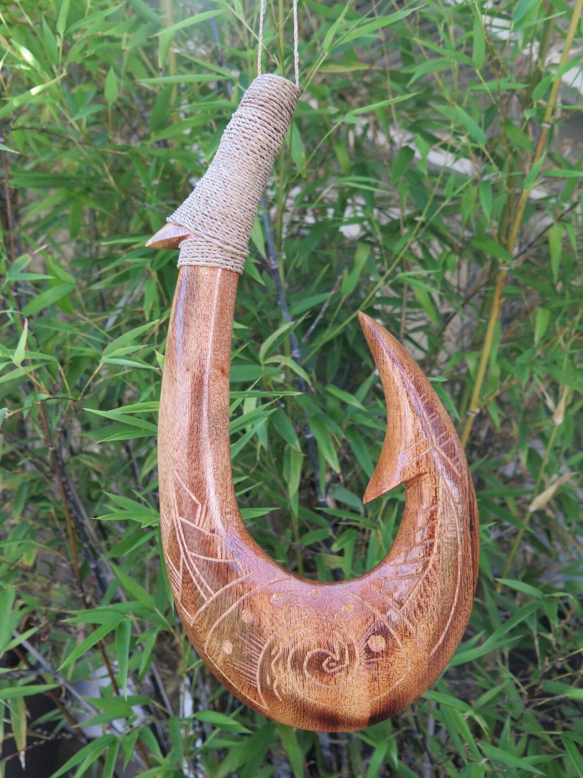 Tribal Engraved Wooden Fish Hook - Brown