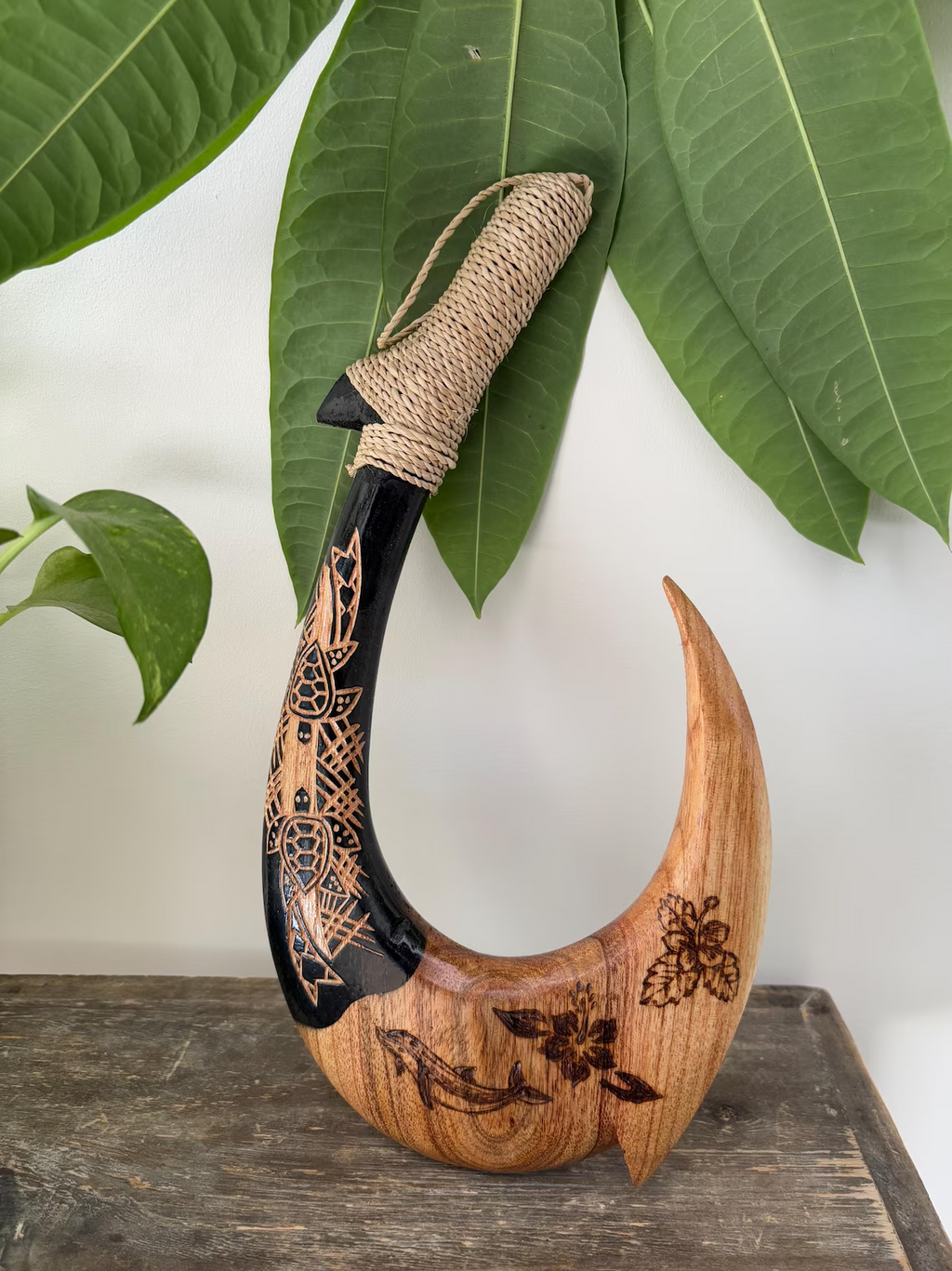 Sea Life Engraved Wooden Fish Hook - Brown