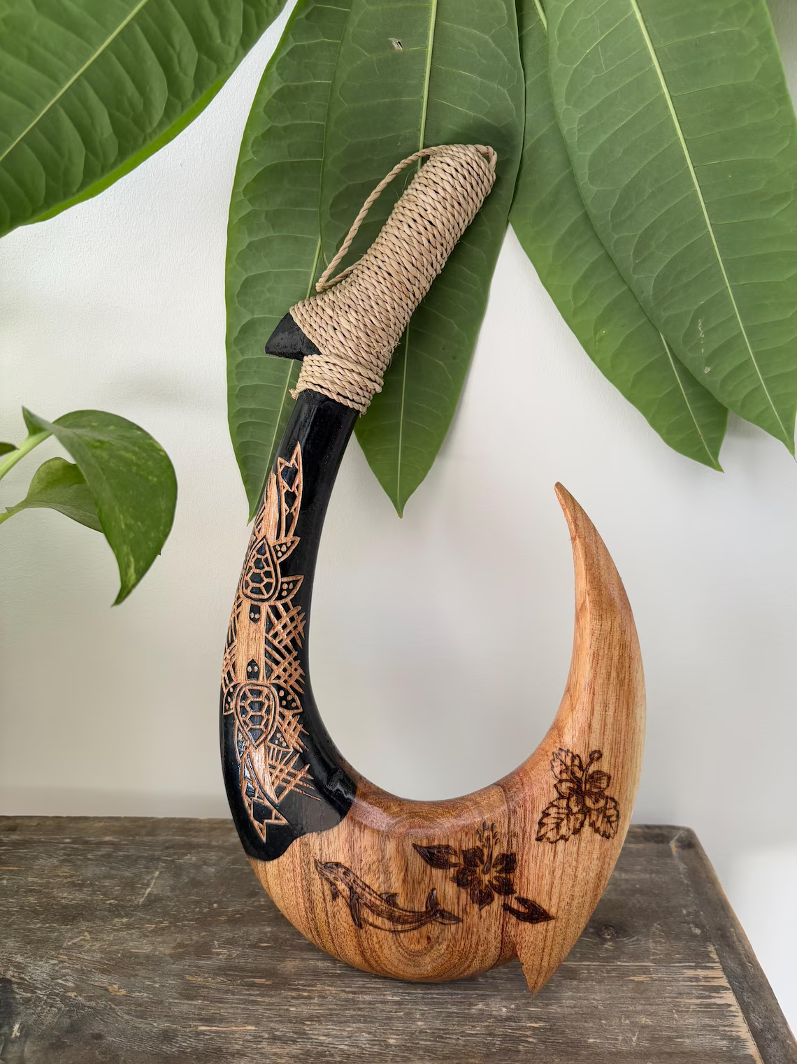 Sea Life Engraved Wooden Fish Hook - Brown