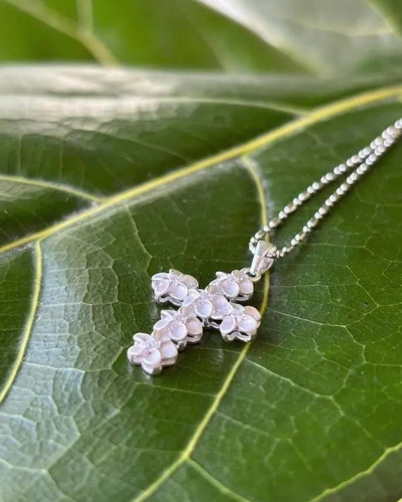 Plumeria Cross Pendant - Silver