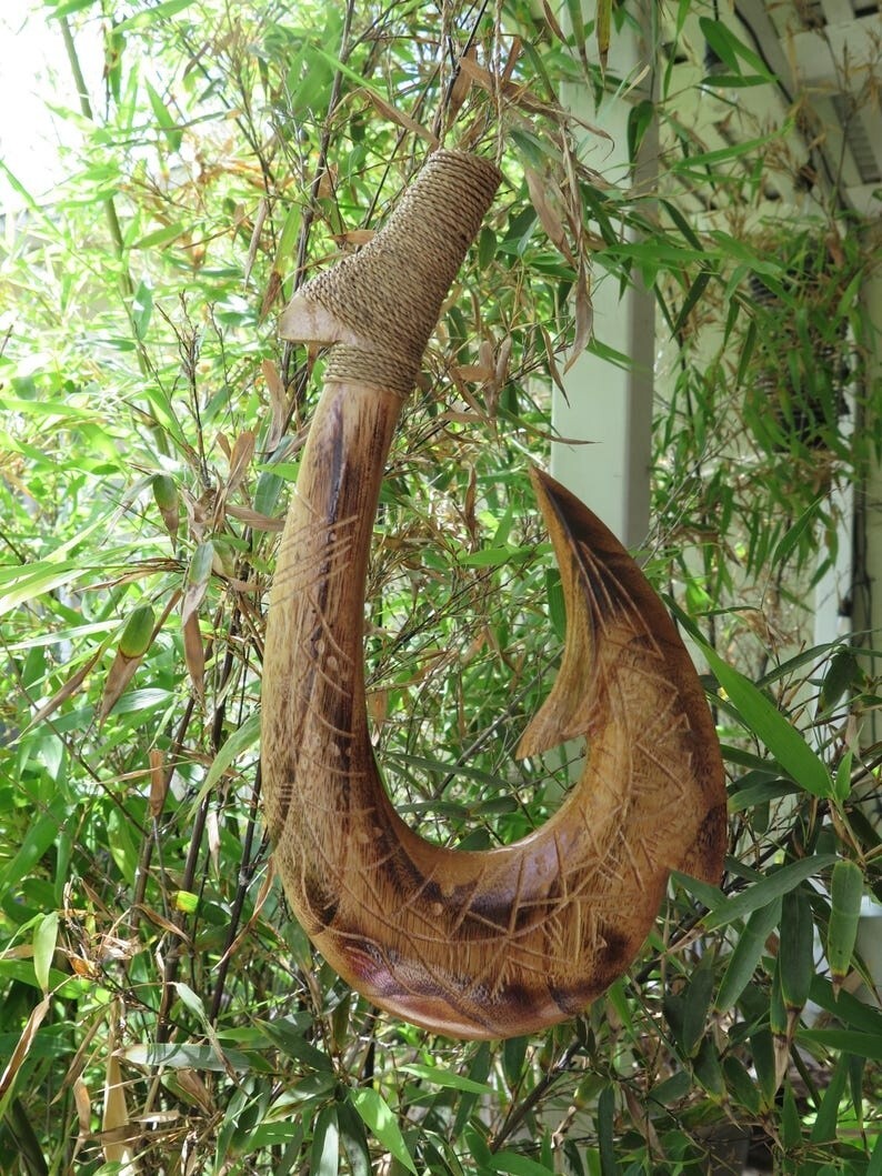 Tribal Engraved Wooden Fish Hook - Brown