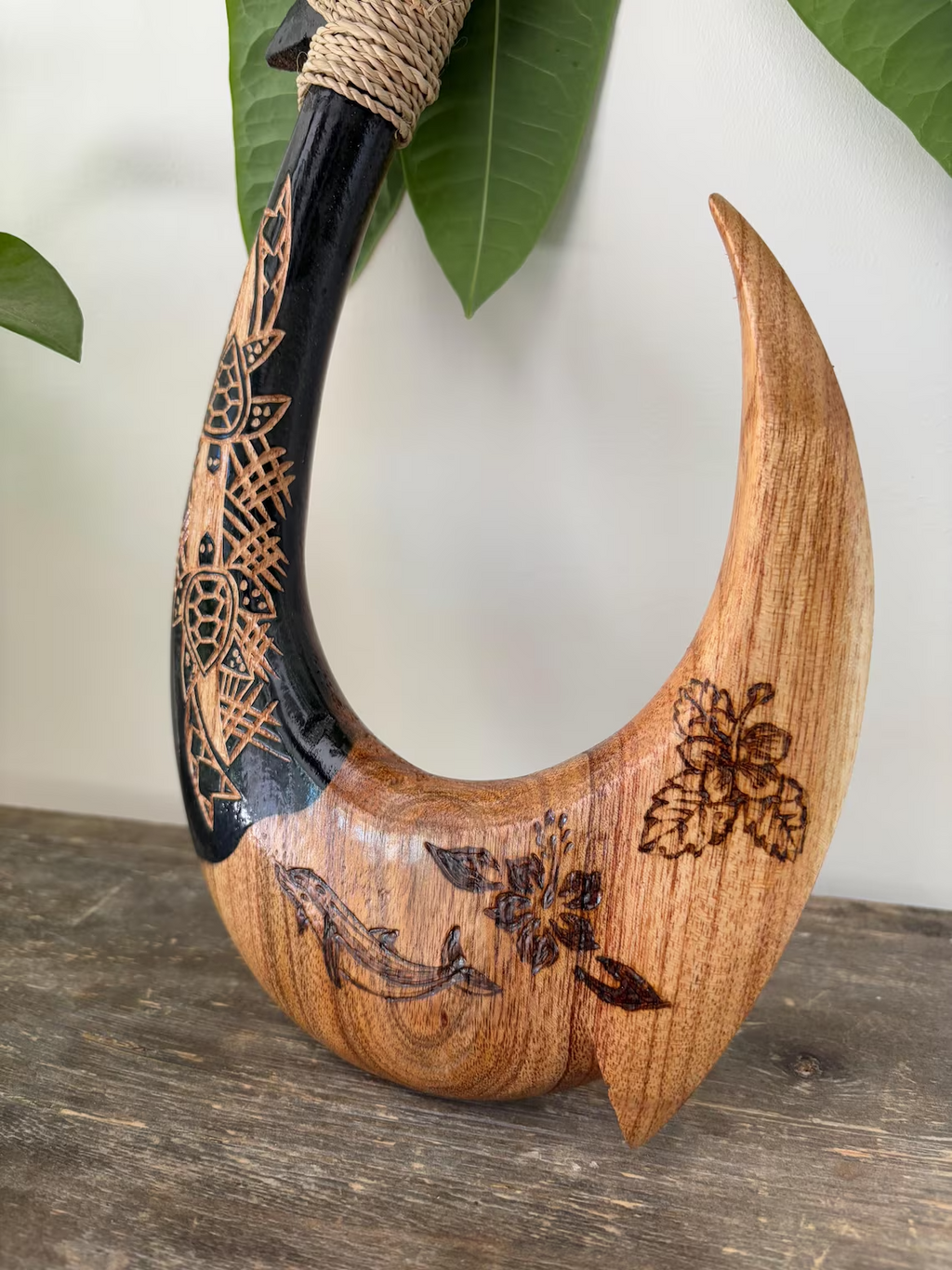 Sea Life Engraved Wooden Fish Hook - Brown