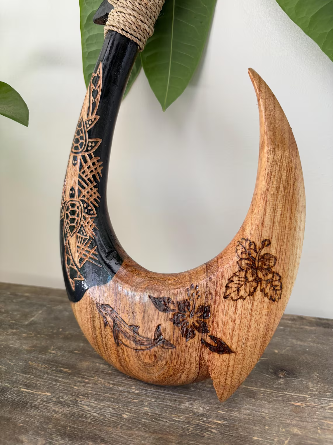 Sea Life Engraved Wooden Fish Hook - Brown