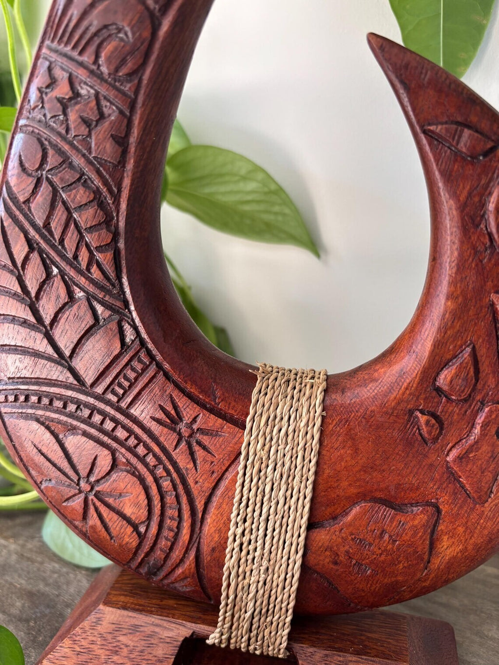 Tribal Engraved Wooden Fish Hook Stand - Brown