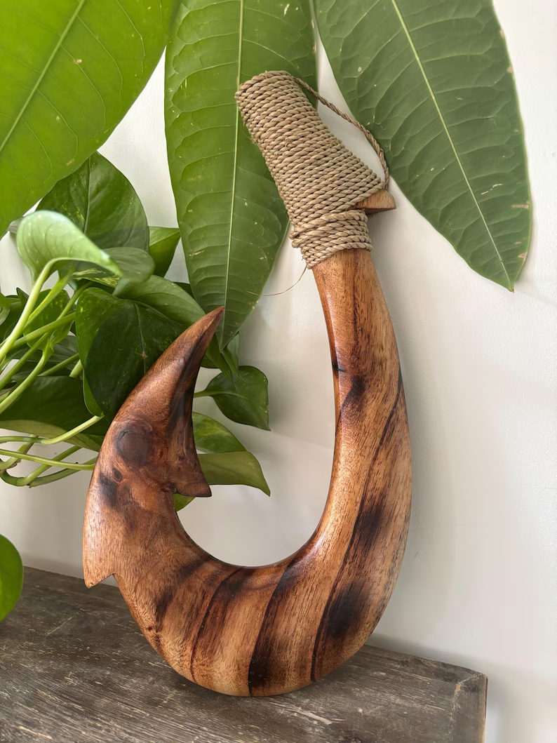 Tribal Engraved Wooden Fish Hook - Brown