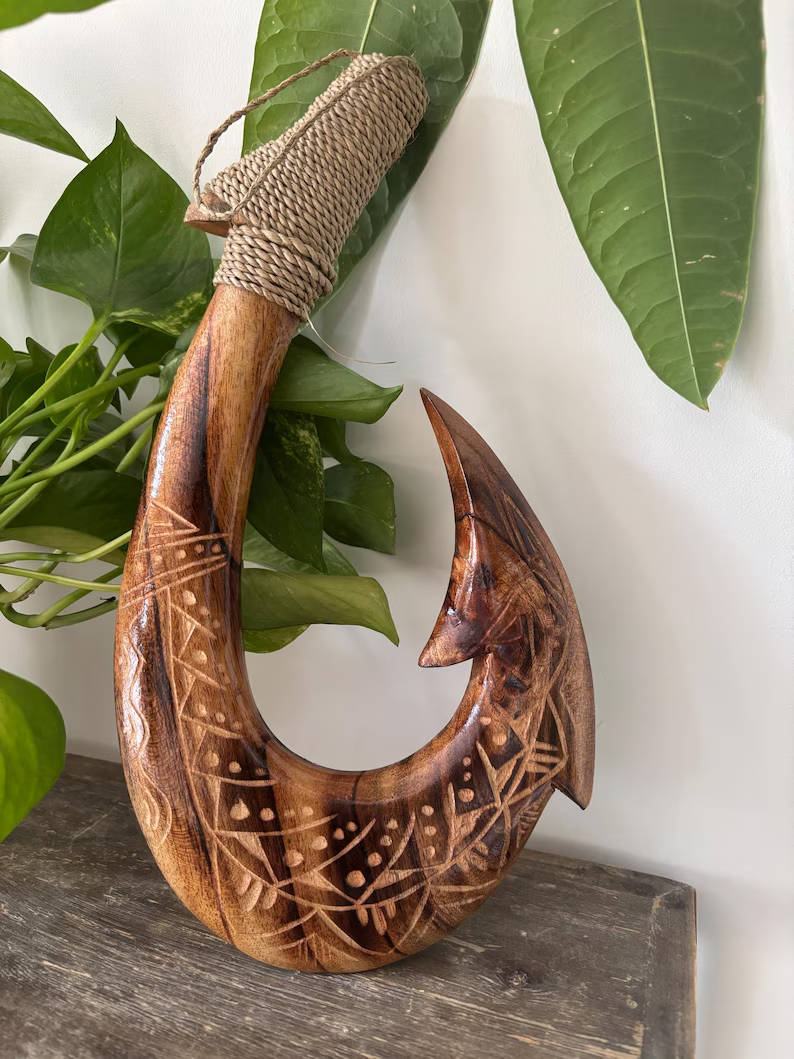 Tribal Engraved Wooden Fish Hook - Brown