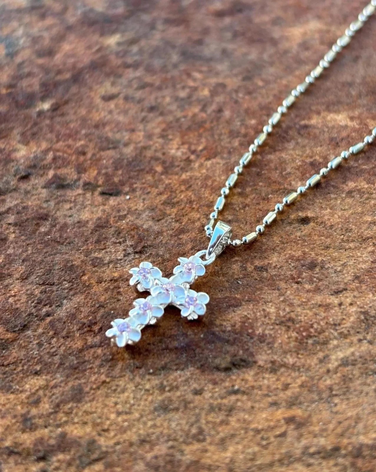 Pink Plumeria Cross Pendant - Silver