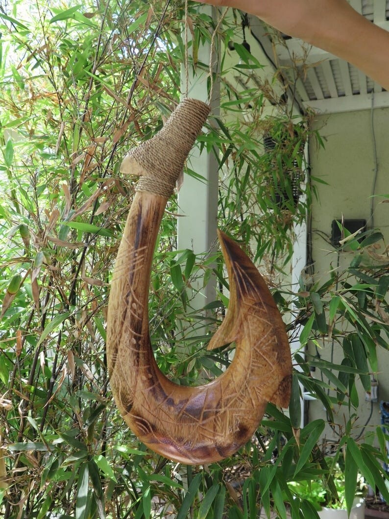 Tribal Engraved Wooden Fish Hook - Brown