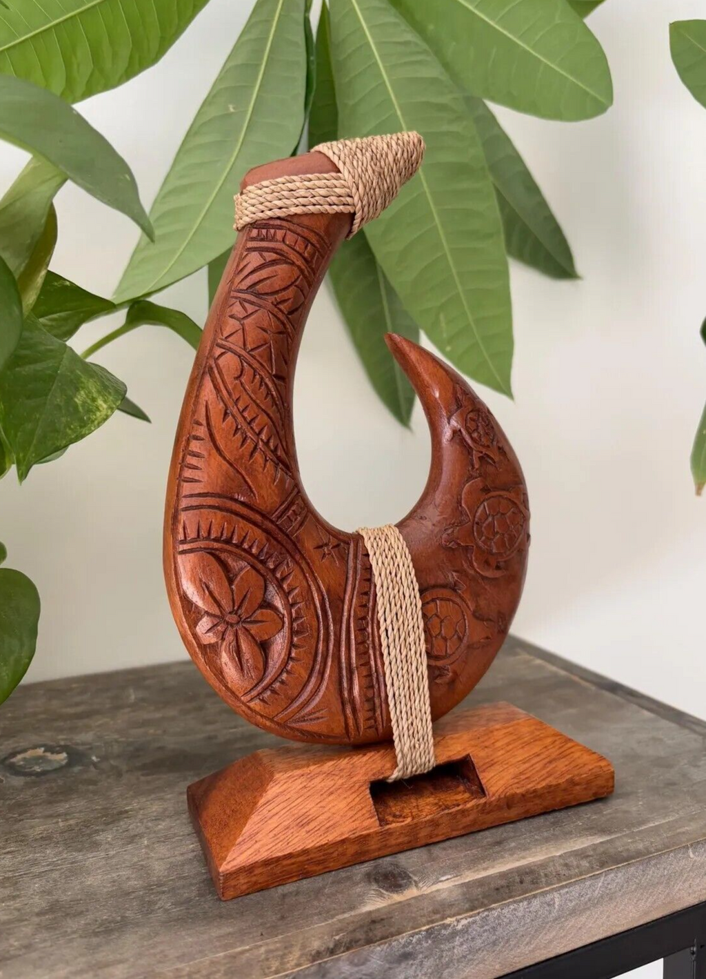 Tribal Engraved Wooden Fish Hook Stand - Brown