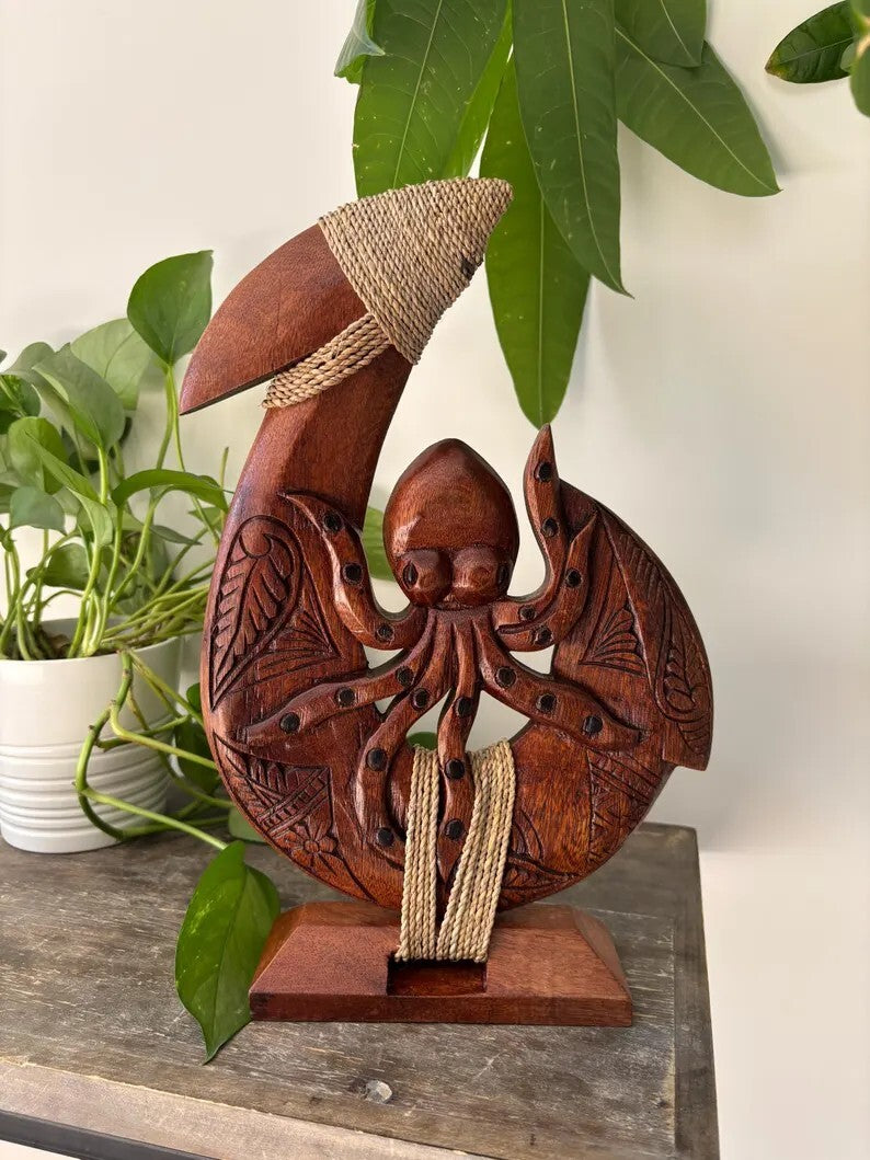 Octopus Hand Carved Wood Fish Hook stand - Brown