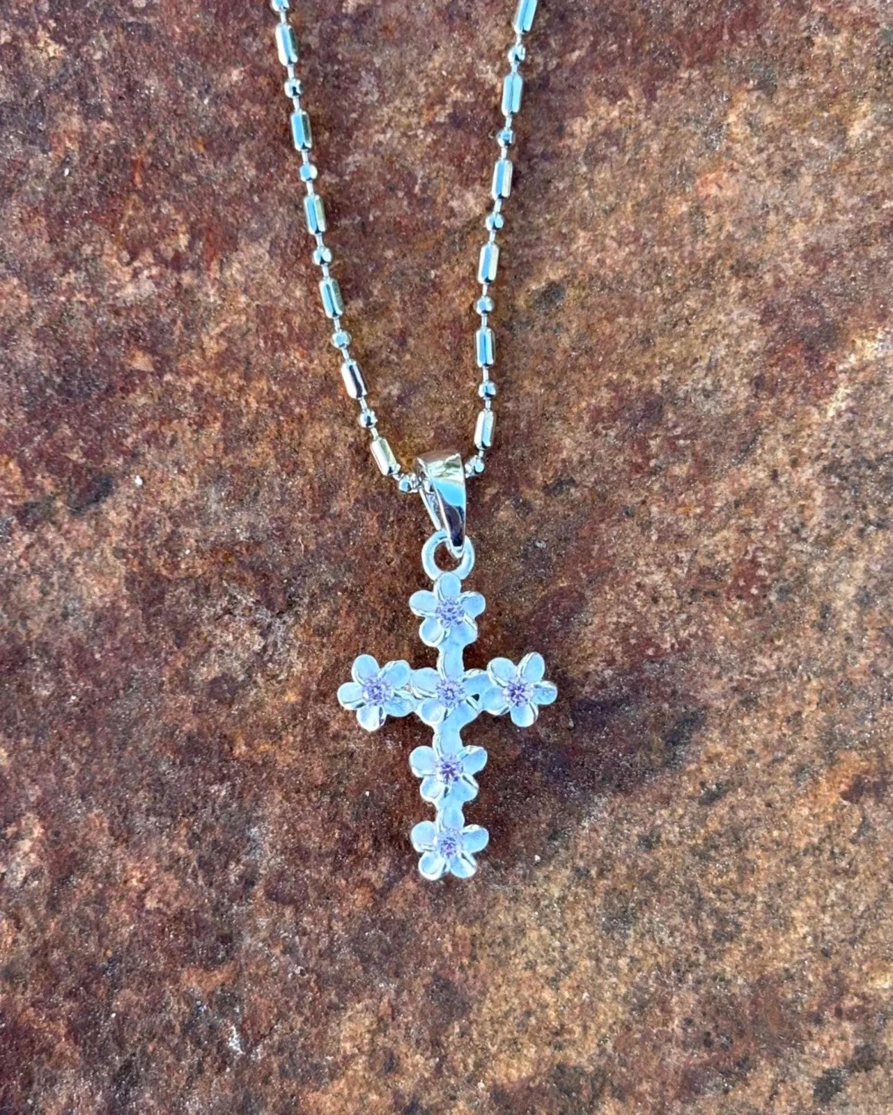 Pink Plumeria Cross Pendant - Silver
