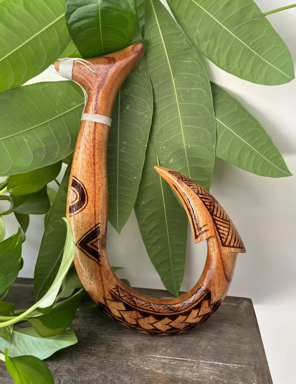 Polynesian Engraved Wooden Fish Hook - Brown