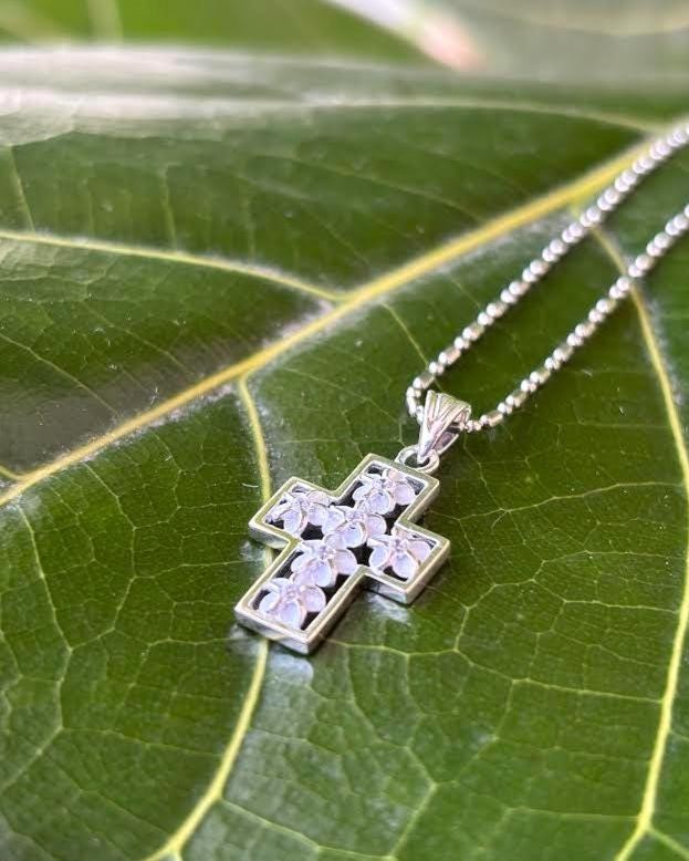 Plumeria Cross Pendant - Silver