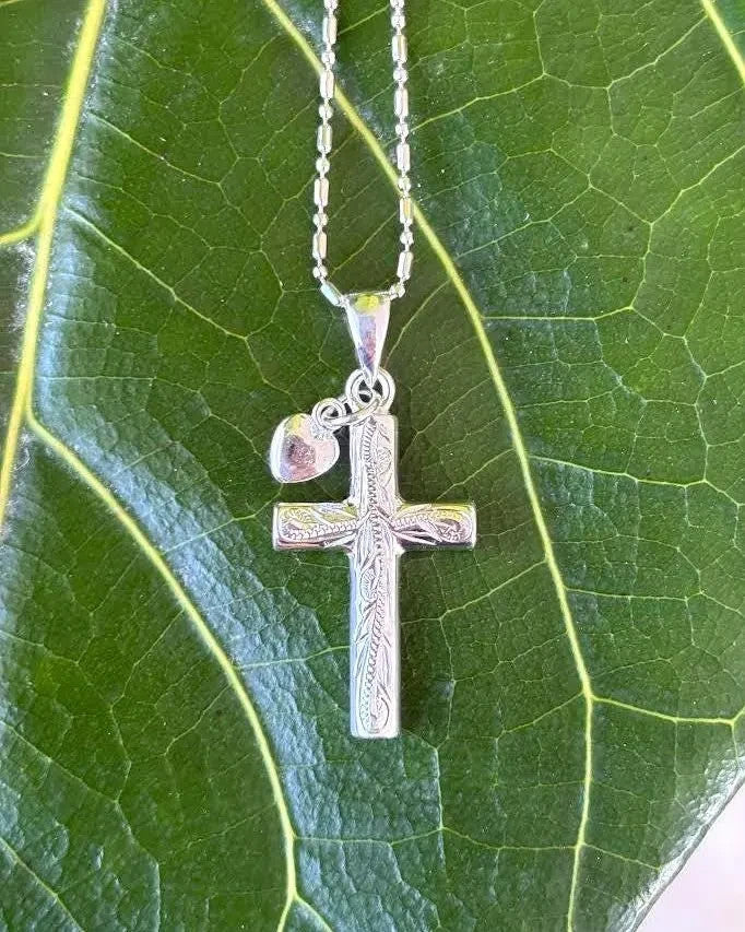 Scrolling Cross Heart Pendant - Silver