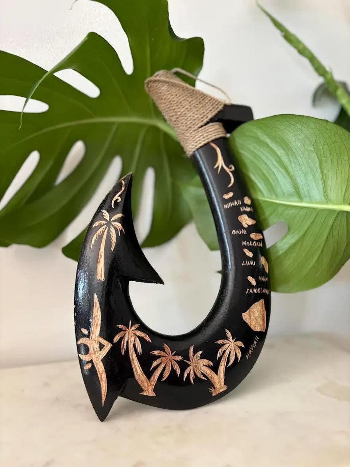 Islands Engraved Wooden Fish Hook - Black