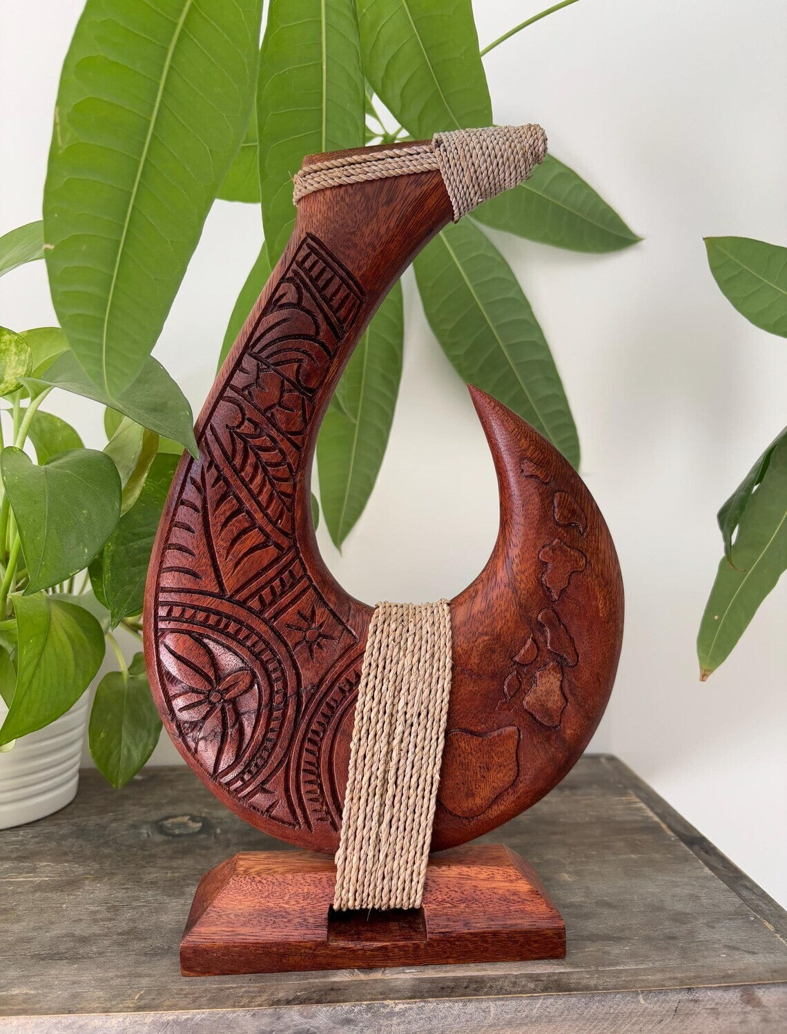 Tribal Engraved Wooden Fish Hook Stand - Brown