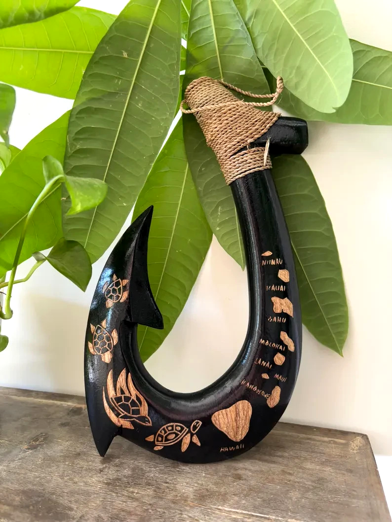 Island Map Engraved Wooden Fish Hook - Black