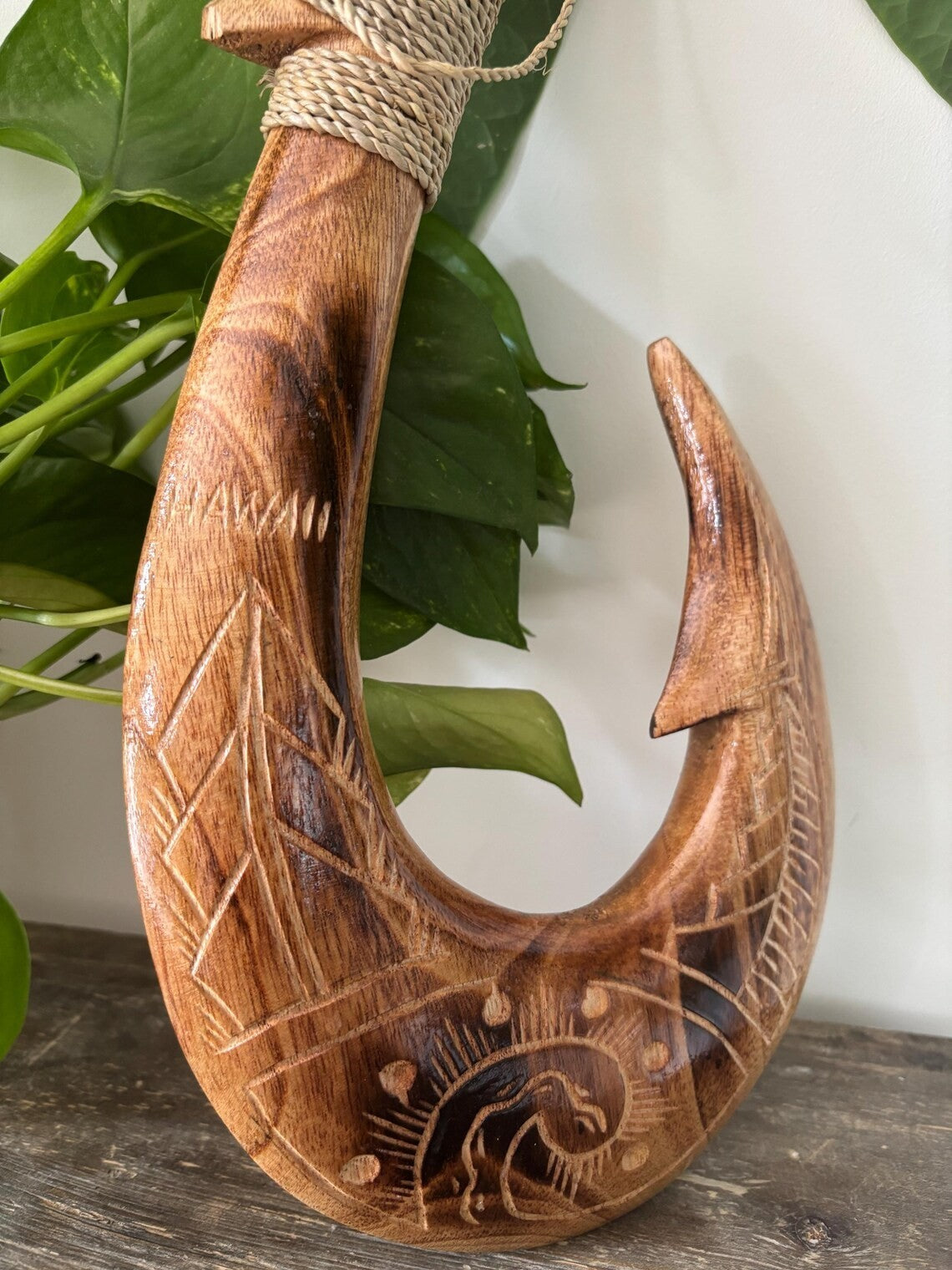 Tribal Engraved Wooden Fish Hook - Brown