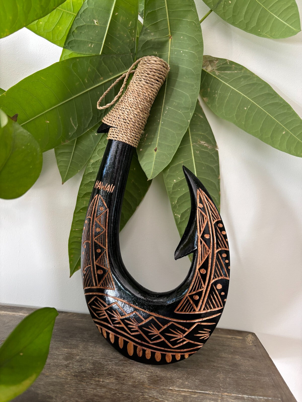 HAWAII Tribal Engraved Wooden Fish Hook - Black