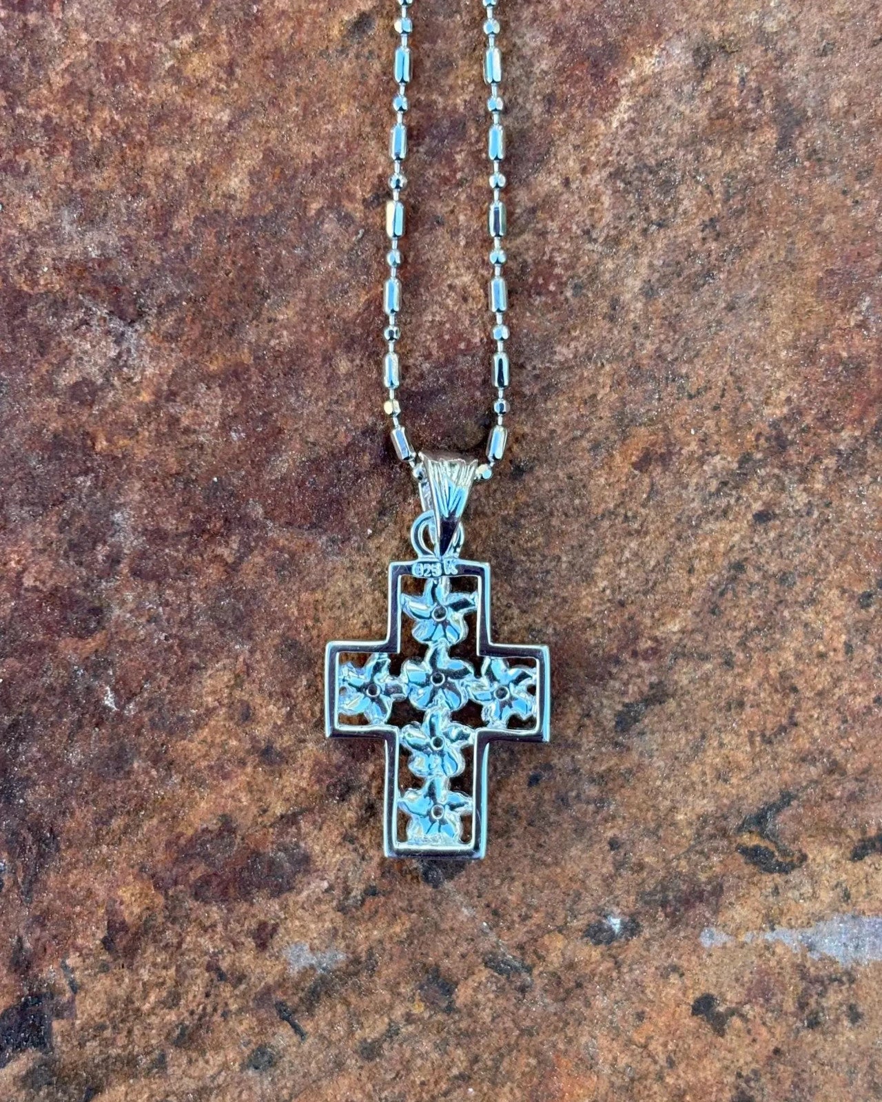 Plumeria Cross Pendant - Silver
