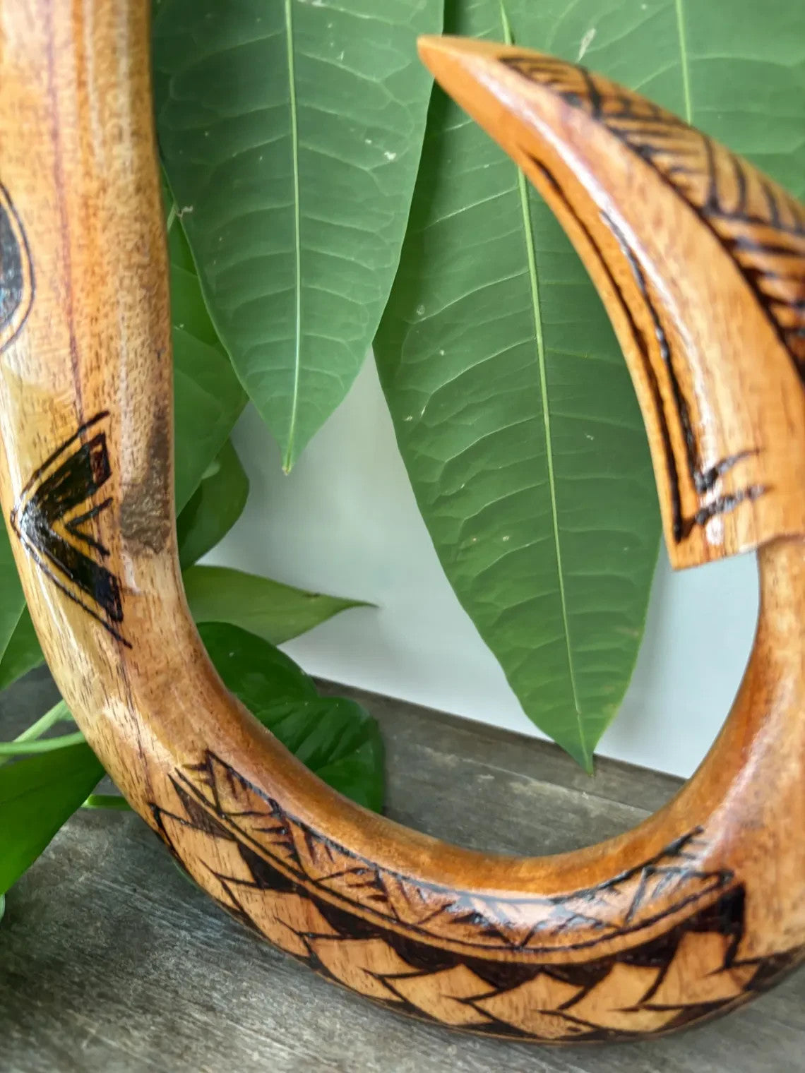 Polynesian Engraved Wooden Fish Hook - Brown