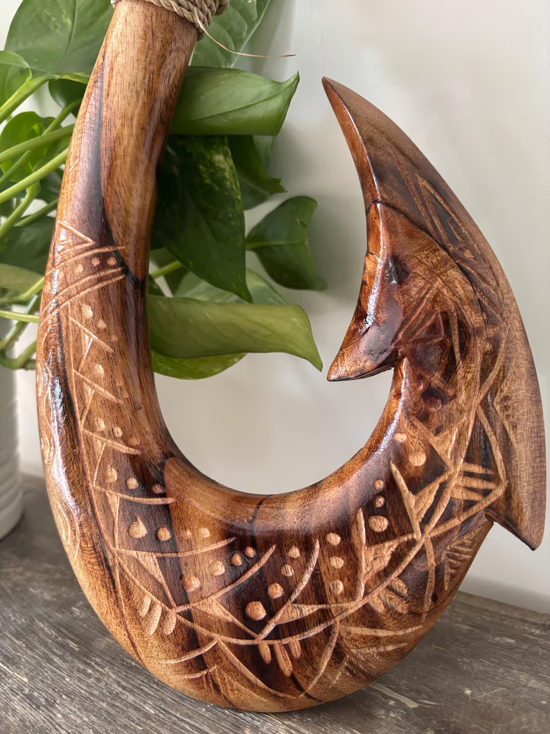 Tribal Engraved Wooden Fish Hook - Brown