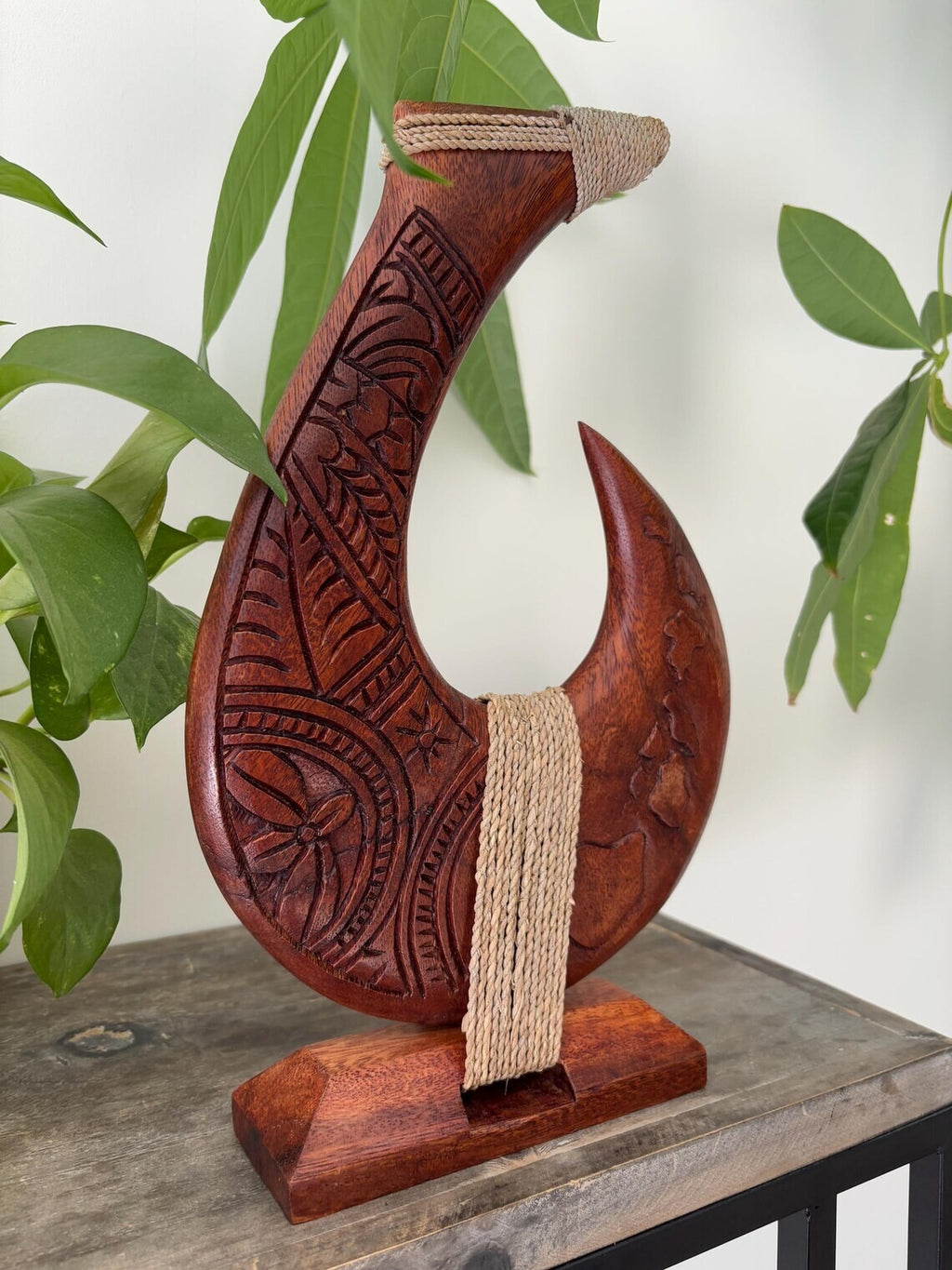 Tribal Engraved Wooden Fish Hook Stand - Brown