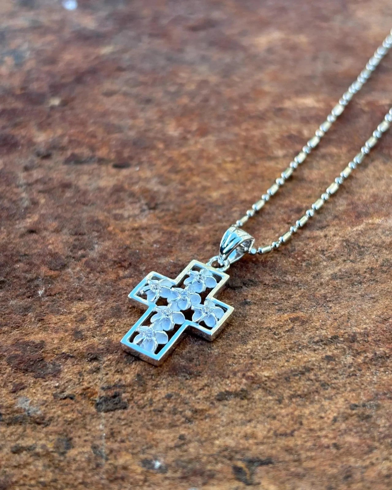 Plumeria Cross Pendant - Silver
