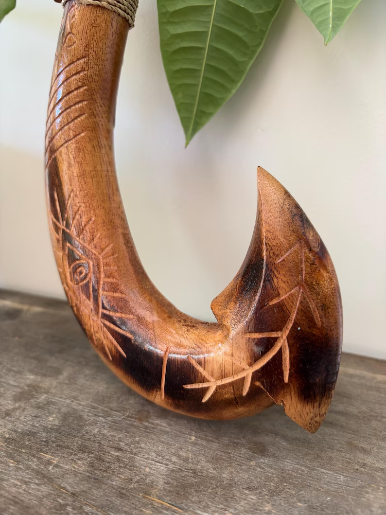 Engraved Wooden Fish Hook - Brown