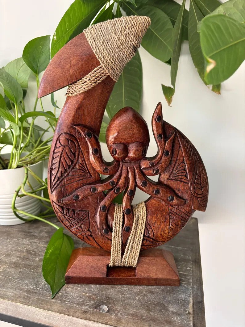 Octopus Hand Carved Wood Fish Hook stand - Brown