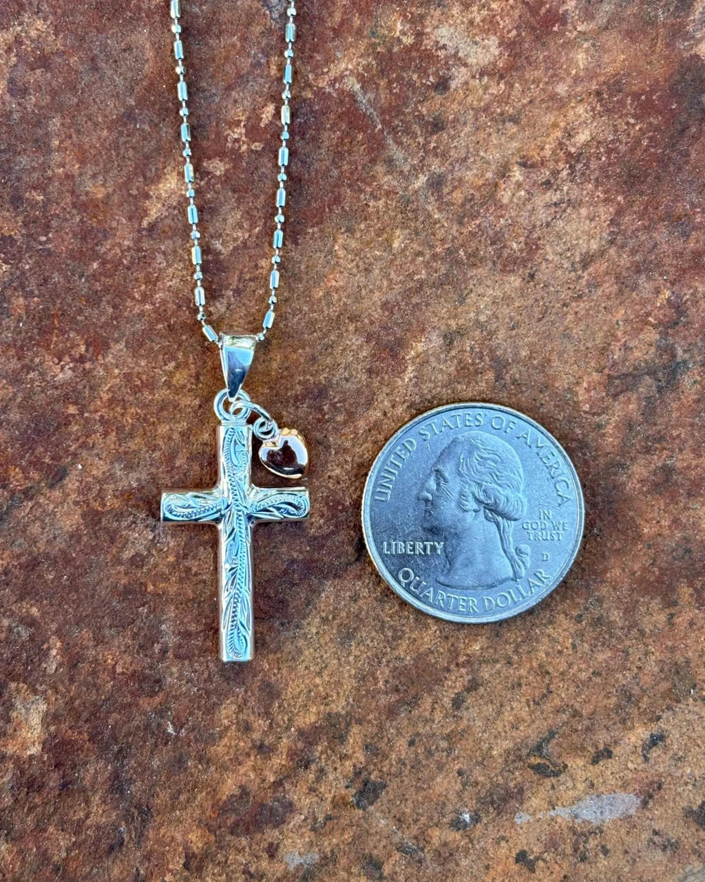 Scrolling Cross Heart Pendant - Silver & Rose Gold