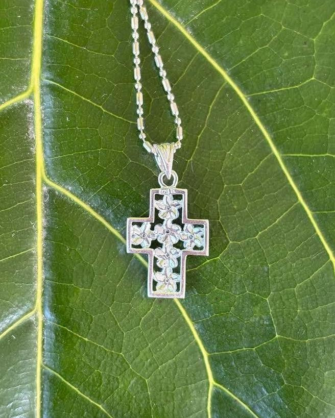 Plumeria Cross Pendant - Silver
