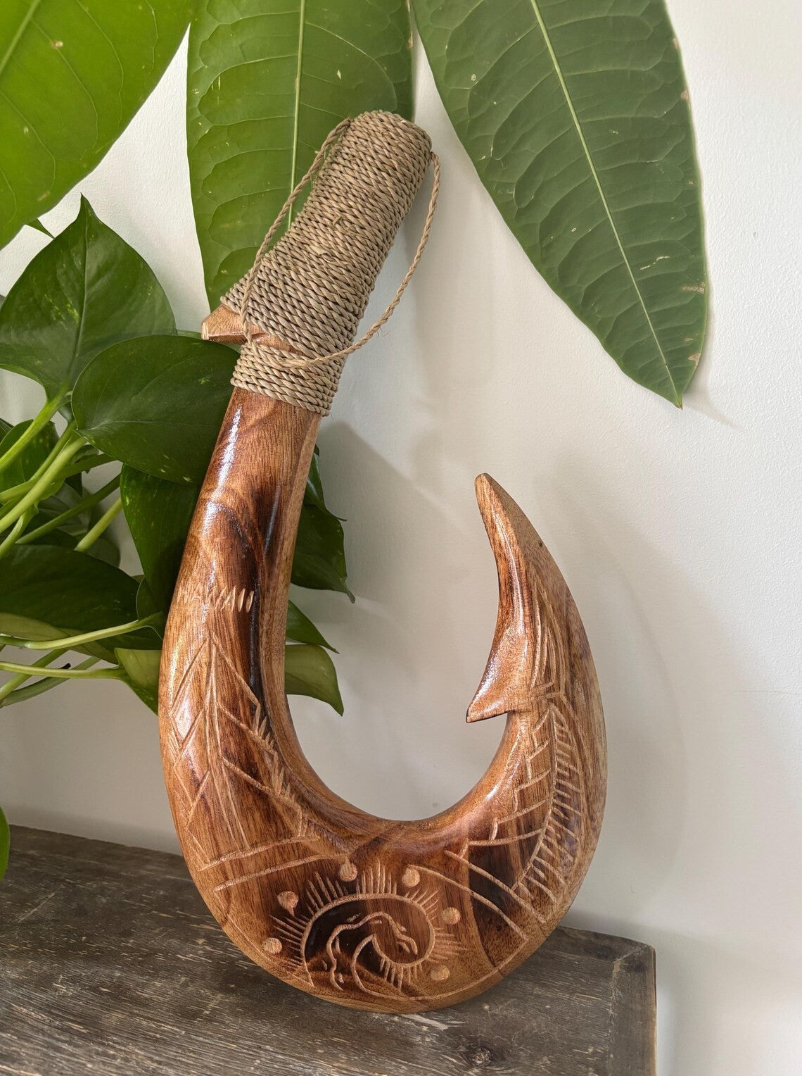 Tribal Engraved Wooden Fish Hook - Brown