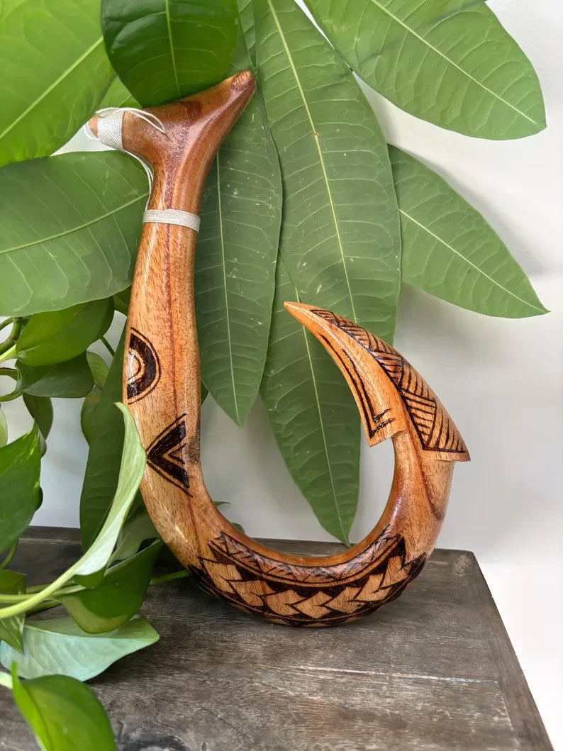 Polynesian Engraved Wooden Fish Hook - Brown