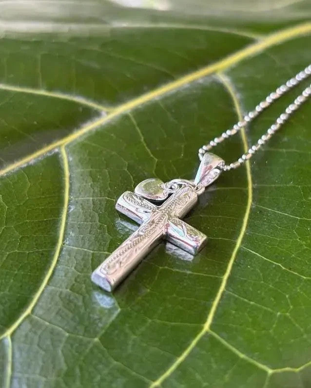 Scrolling Cross Heart Pendant - Silver