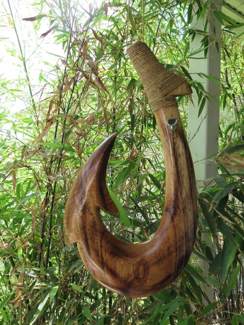 Tribal Engraved Wooden Fish Hook - Brown