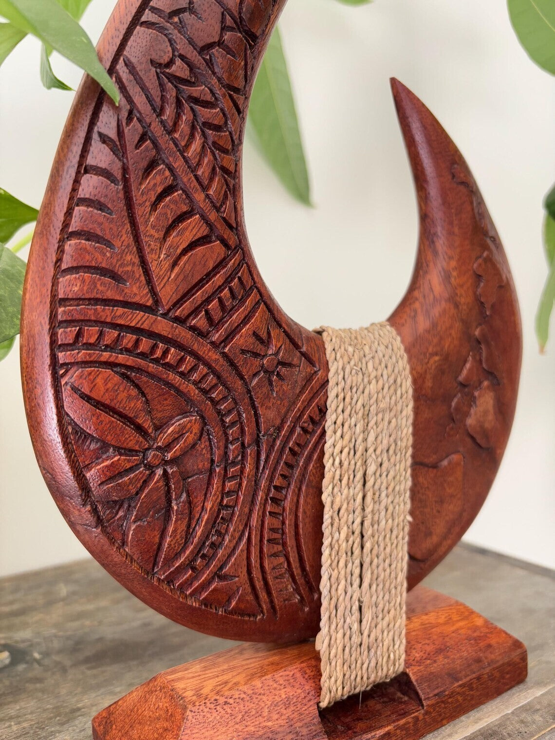 Tribal Engraved Wooden Fish Hook Stand - Brown