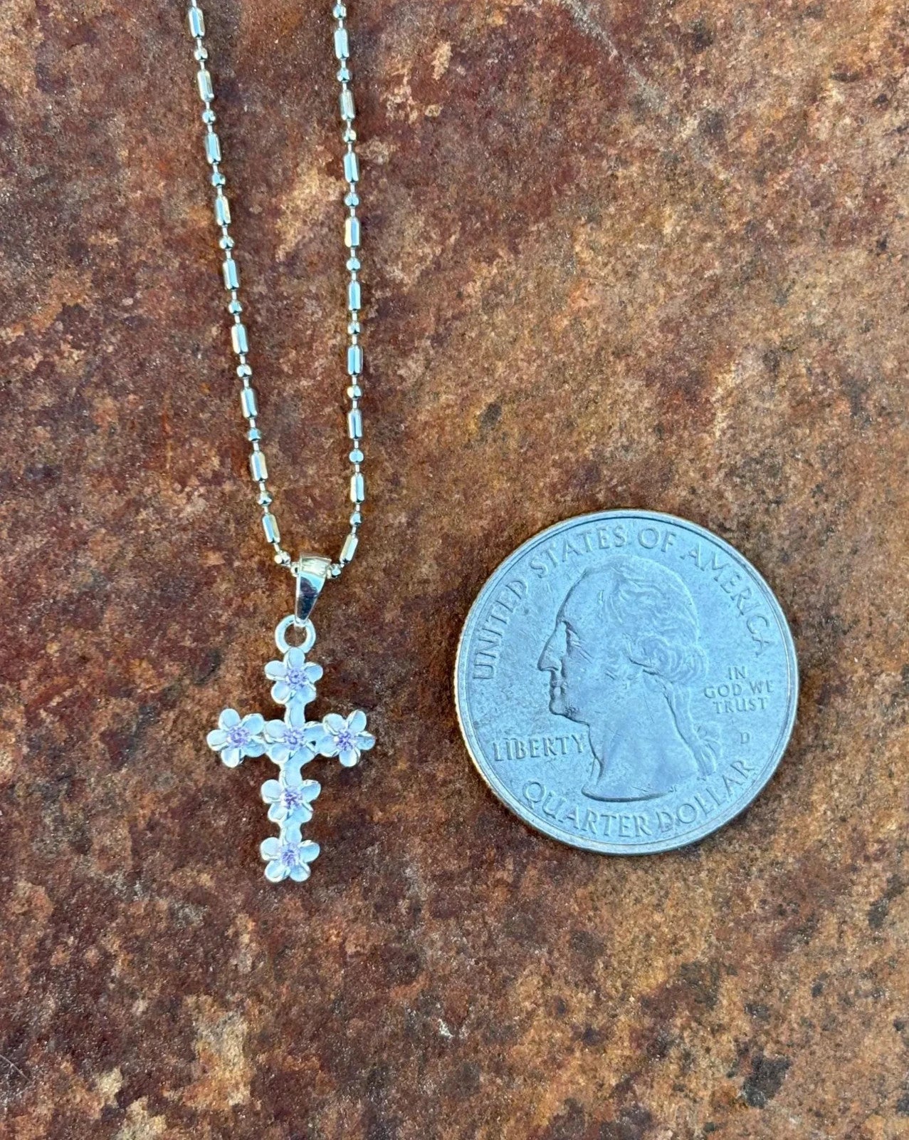 Pink Plumeria Cross Pendant - Silver