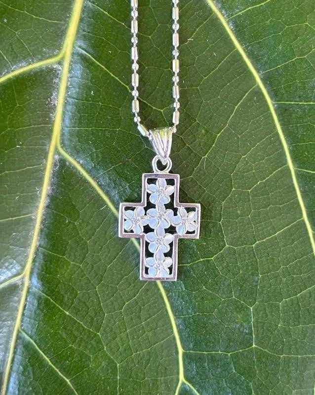 Plumeria Cross Pendant - Silver