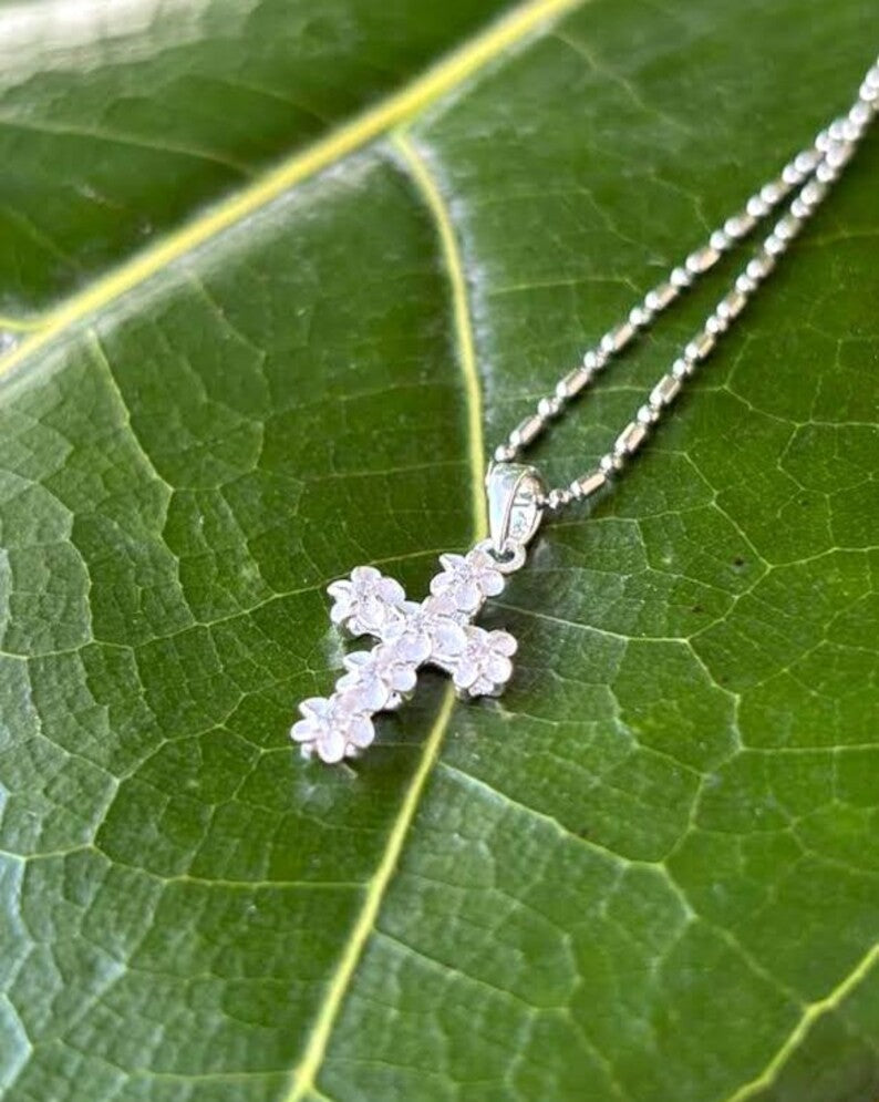 Plumeria Mini Cross Pendant - Silver