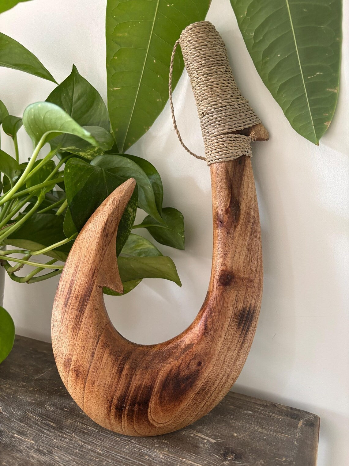 Tribal Engraved Wooden Fish Hook - Brown