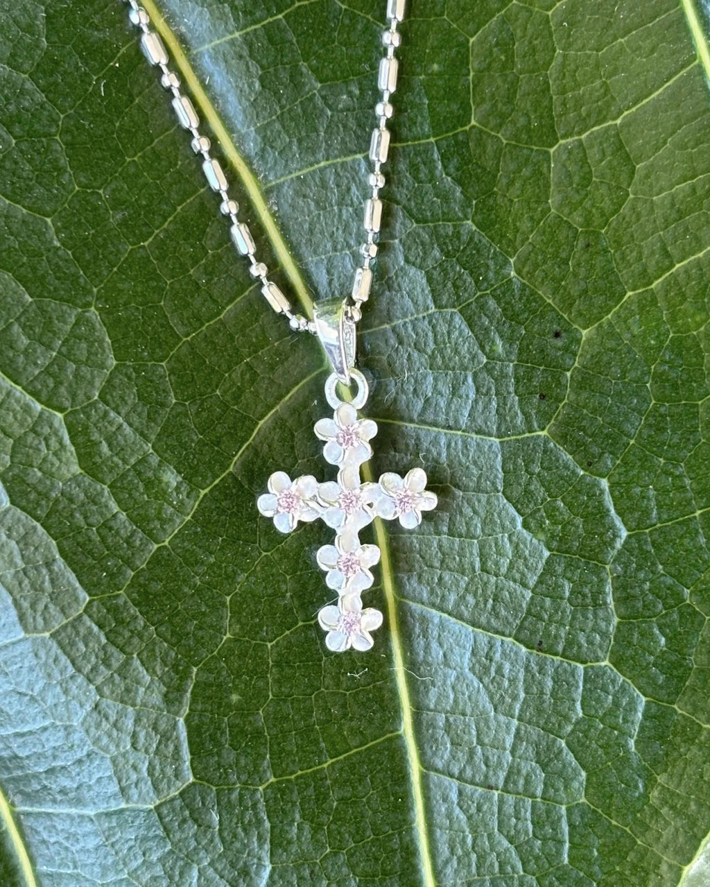 Pink Plumeria Cross Pendant - Silver
