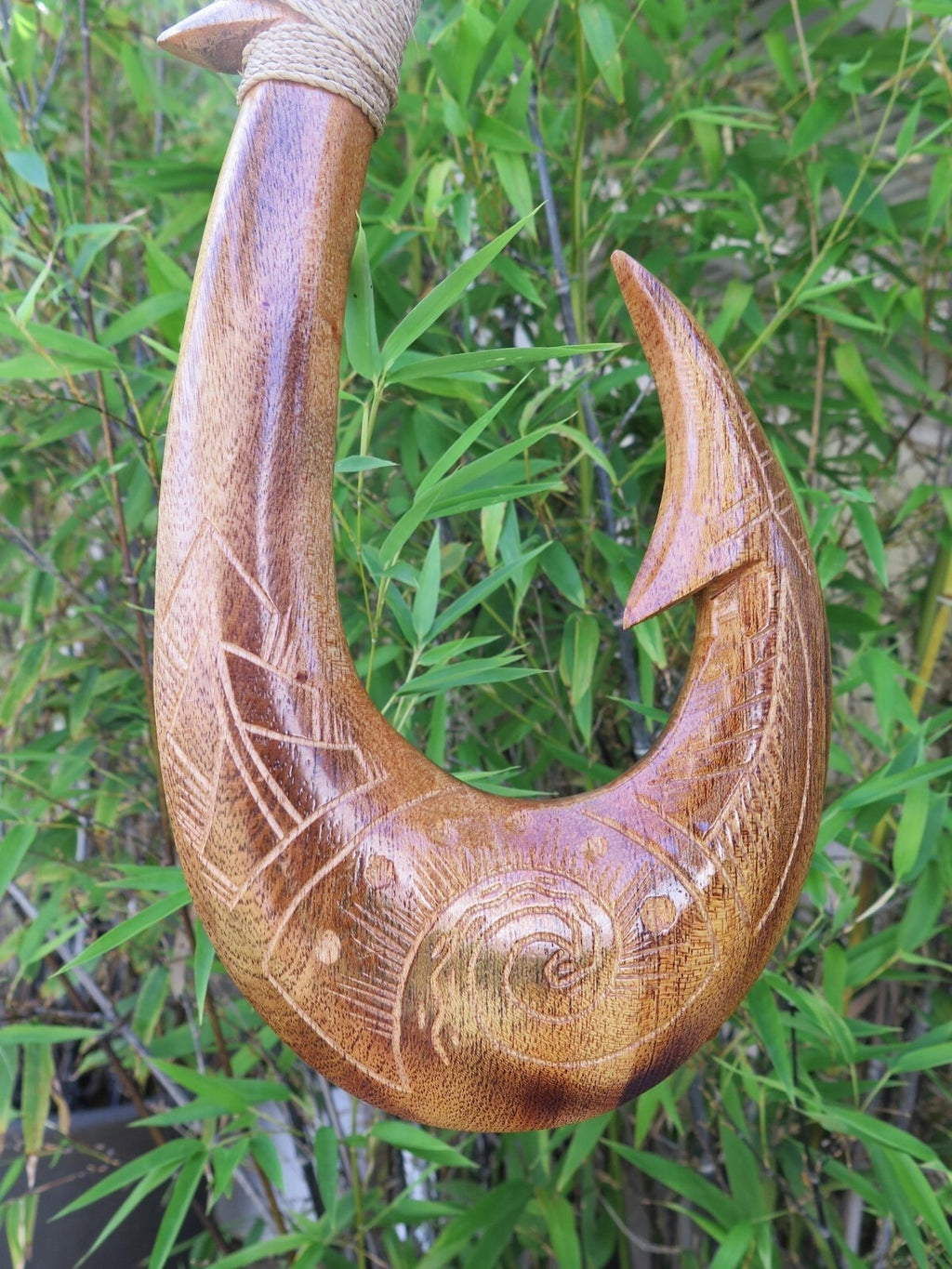 Tribal Engraved Wooden Fish Hook - Brown