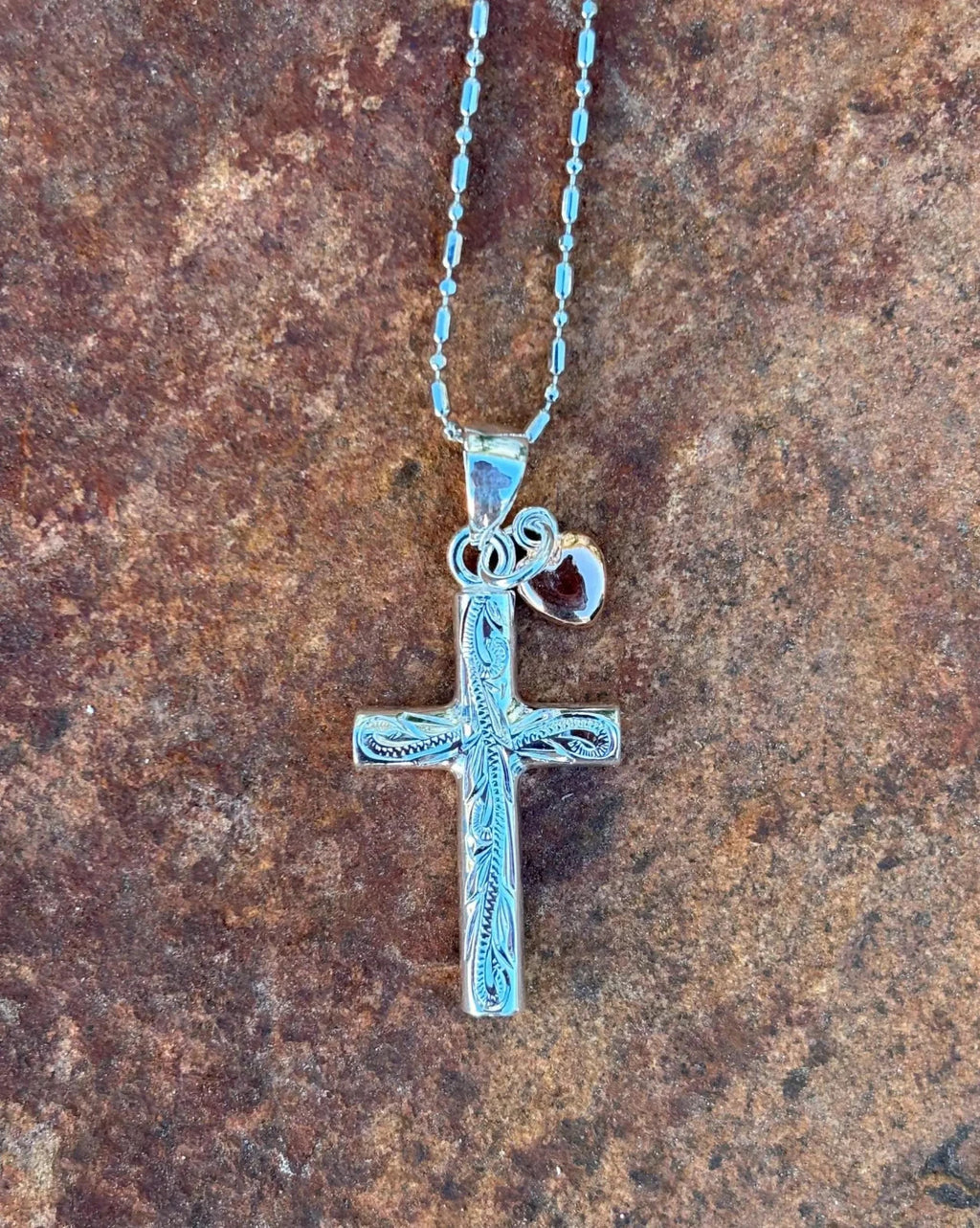 Scrolling Cross Heart Pendant - Silver & Rose Gold