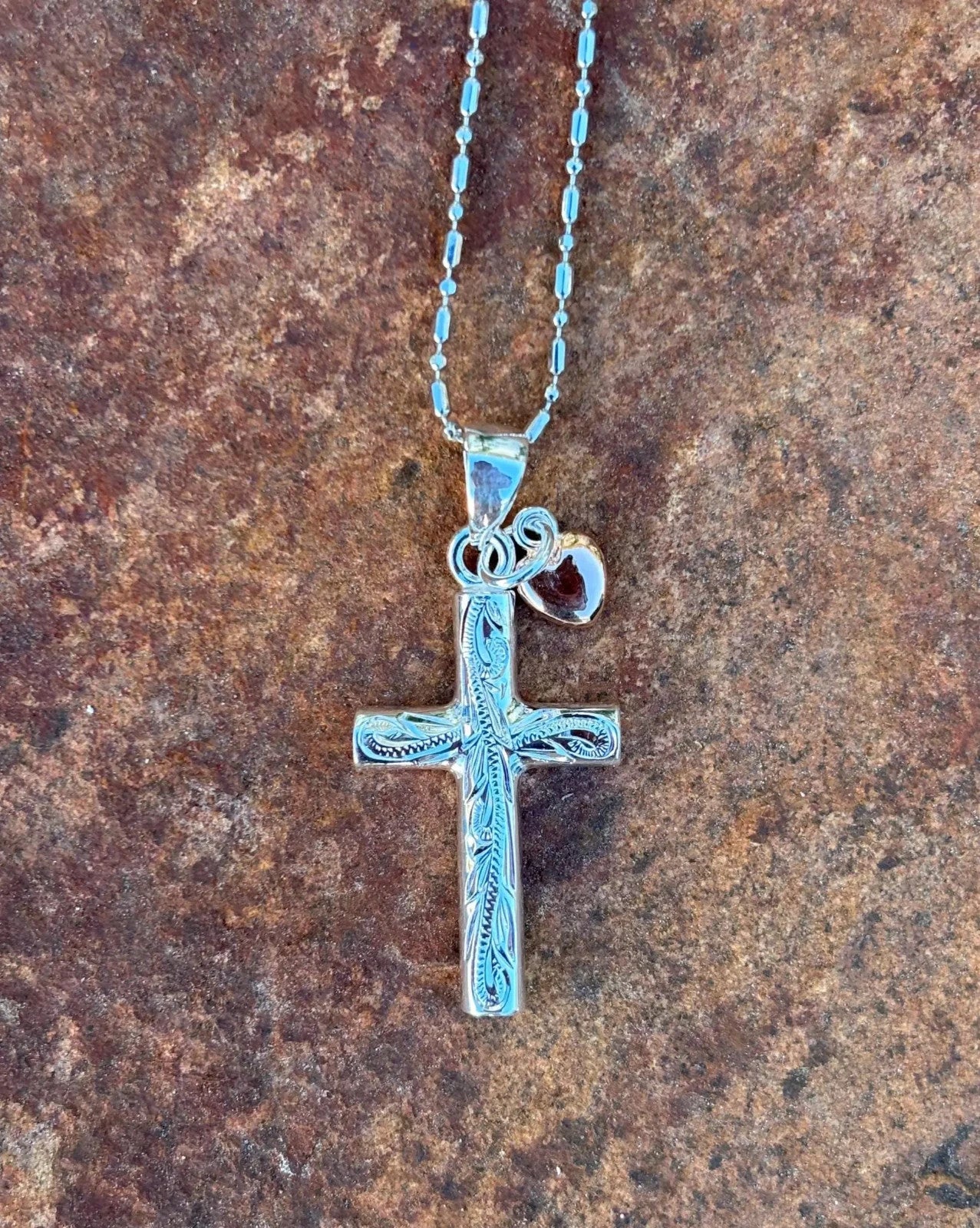 Scrolling Cross Heart Pendant - Silver & Rose Gold