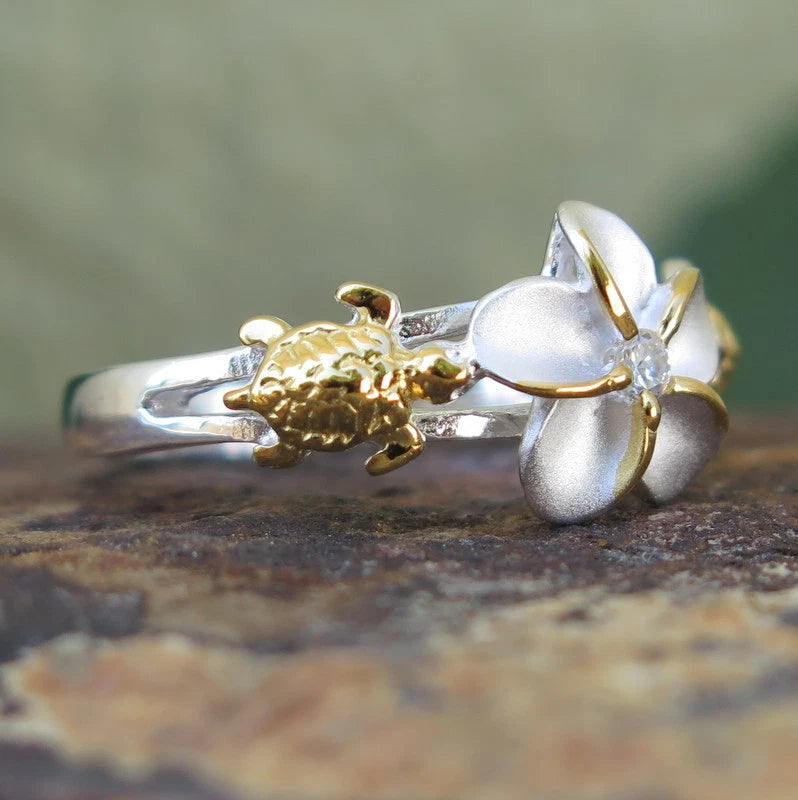 Honu Plumeria Ring - Gold & Silver