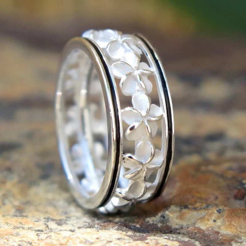 Plumeria Lei Border Ring - Silver