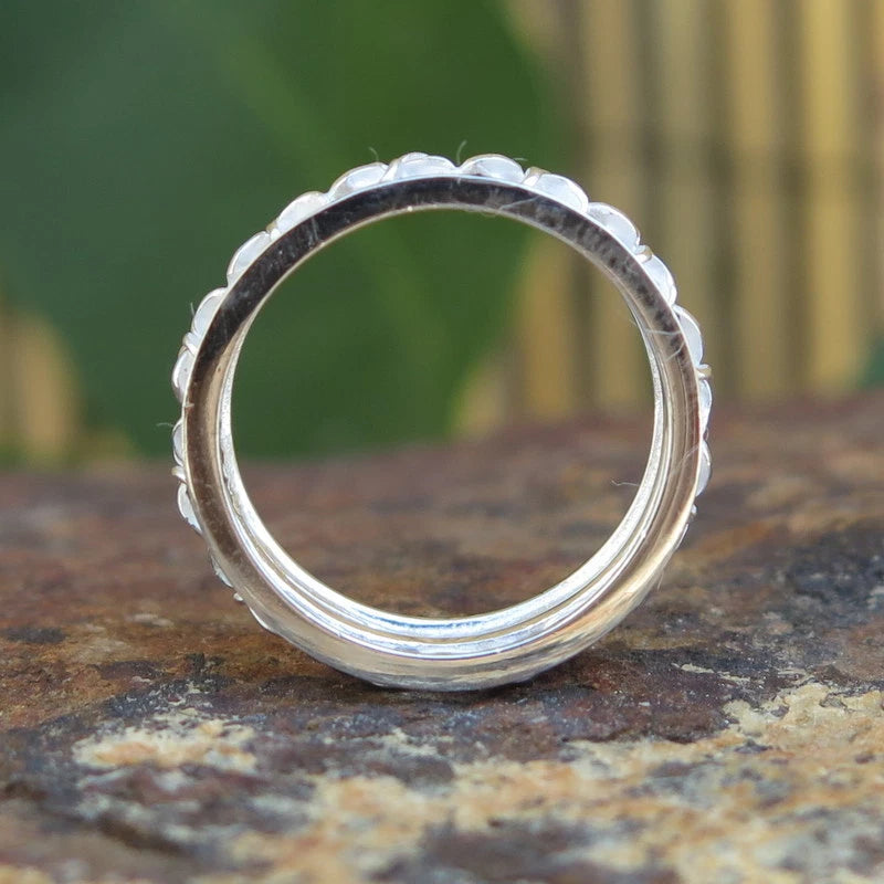 Plumeria Lei Border Ring - Silver