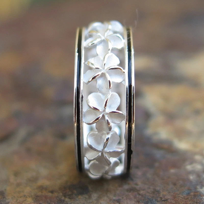 Plumeria Lei Border Ring - Silver